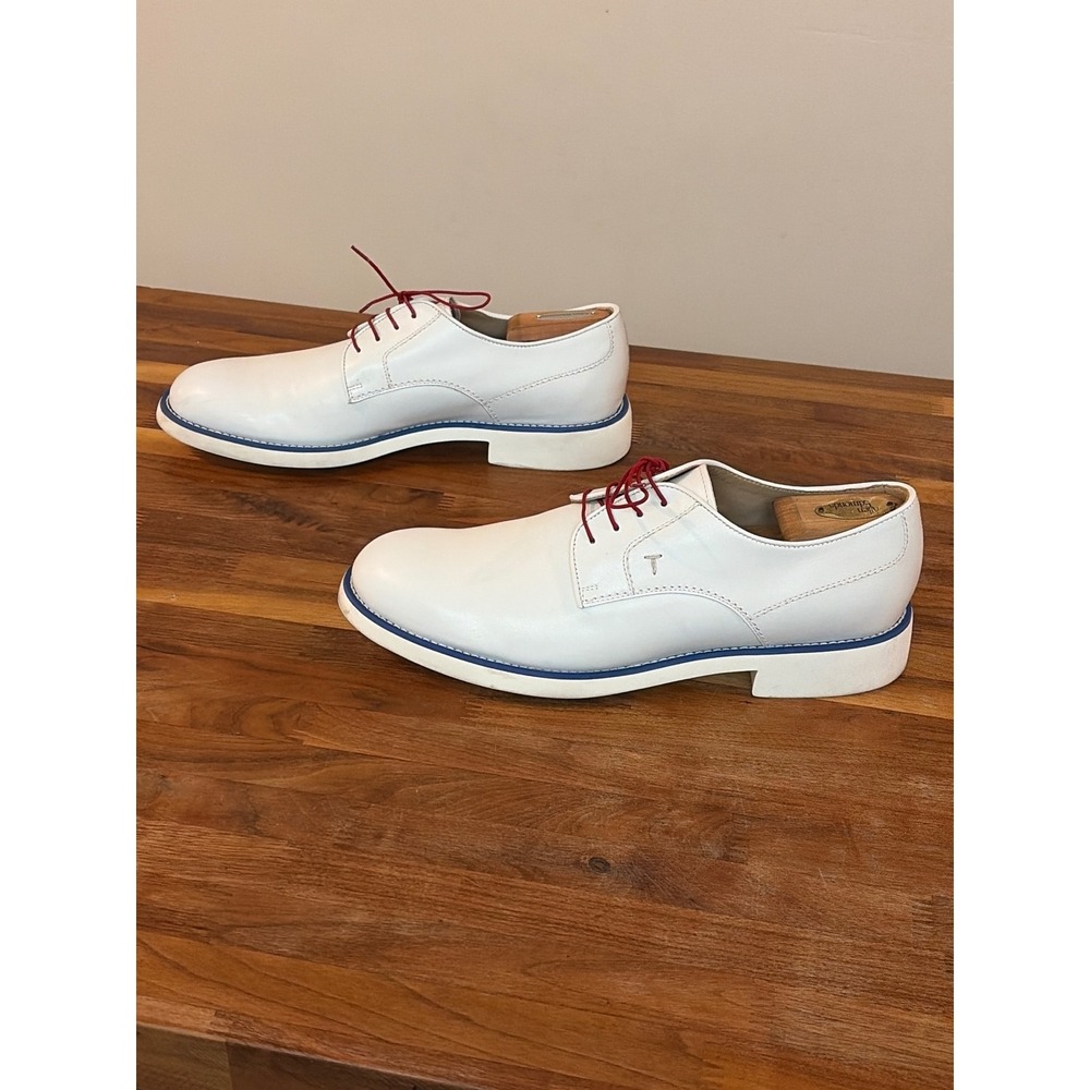 Tods Mens White Leather Derby Shoes Red Laces Blue Welt Size 11 Made in Italy
